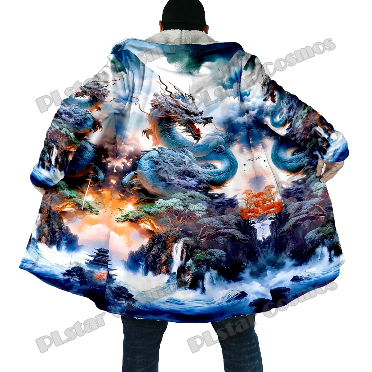 

Winter Fashion Men's cloak Dragon Tattoo Pattern 3D All Over Printed Thick Fleece Hooded Cloak Unisex Casual Warm Cape Coat DP46