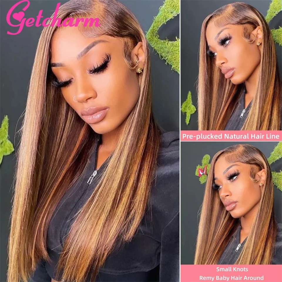 4/27 Highlight Human Hair Wigs Glueless 13x4 Lace Front Wigs Straight Hair Wigs Ombre Brown Blonde Colored Brazilian Human hair