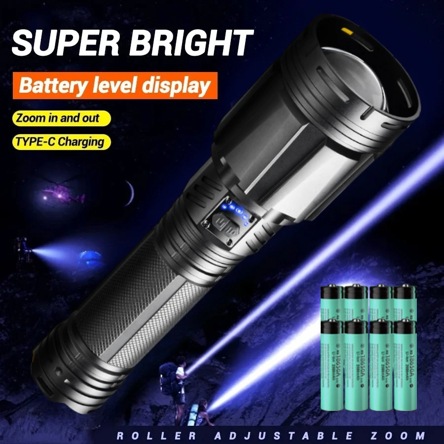 

High Power Tactical XHP360 Flashlight Double Light Source Switch Lantern 7 Lighting Modes Rechargeable Lamp Torch With Indicator
