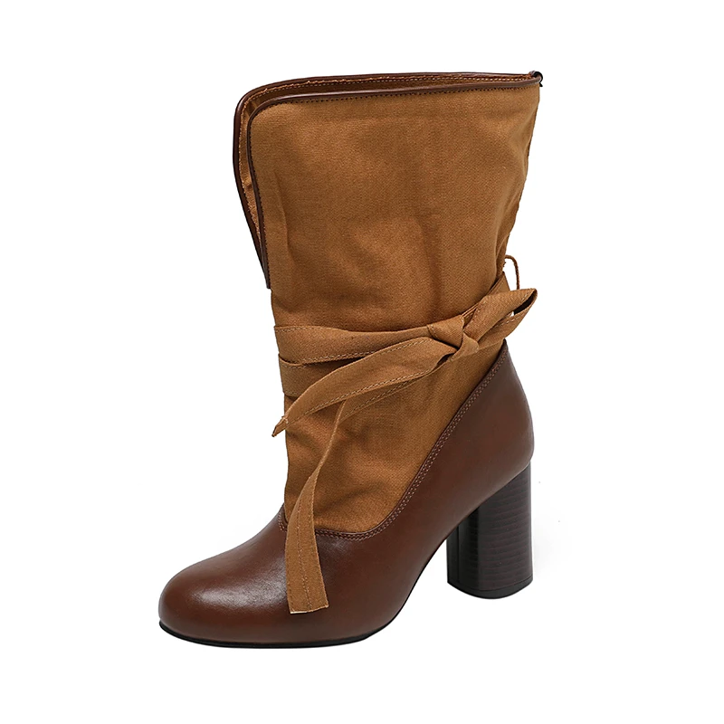 Botas de Media Pantorrilla de Cuero Suave con Cordones Retro para Mujer, Estilo 2026, Versátiles y Estilizadoras