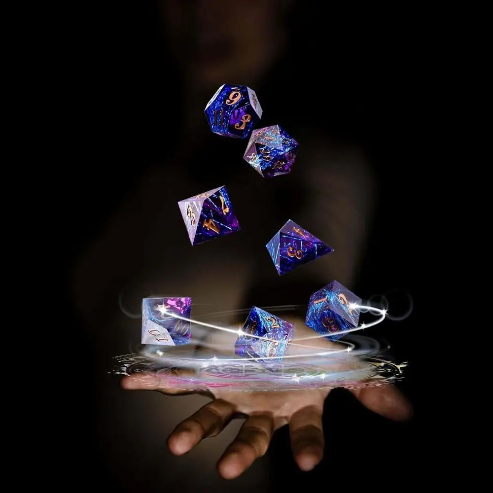 7 Buah DND Cincin Merah & Aliran Cairan Mata Tepi Tajam Set Dadu Resin D & Dungeon dan Naga Buatan Tangan D20 D dan D D Dadu Polihedral