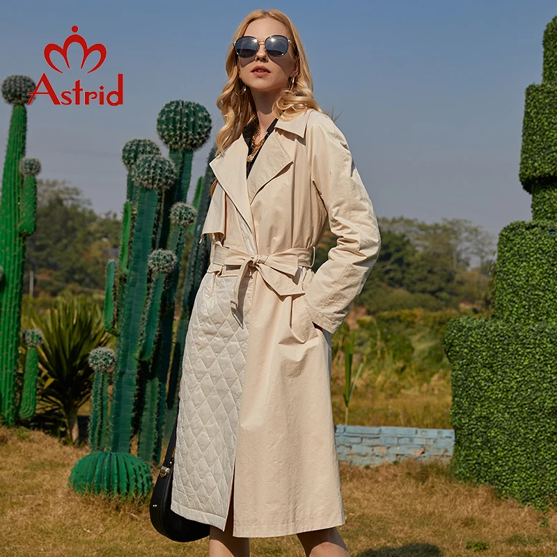 Astrid Spring Women's Trench Coat Fashion Stitching Jacket Long Turn Down Collar Belt Warm Thin Parkas Beige Overcoat ZM-8T201