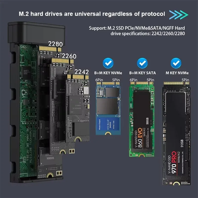 냉각 선풍기 내장 C타입 SSD 인클로저 NVME NGFF SSD 어댑터, M.2 NVME SATA SSD 케이스, 10Gbps, 지지대 M.2 2242 2260 2280