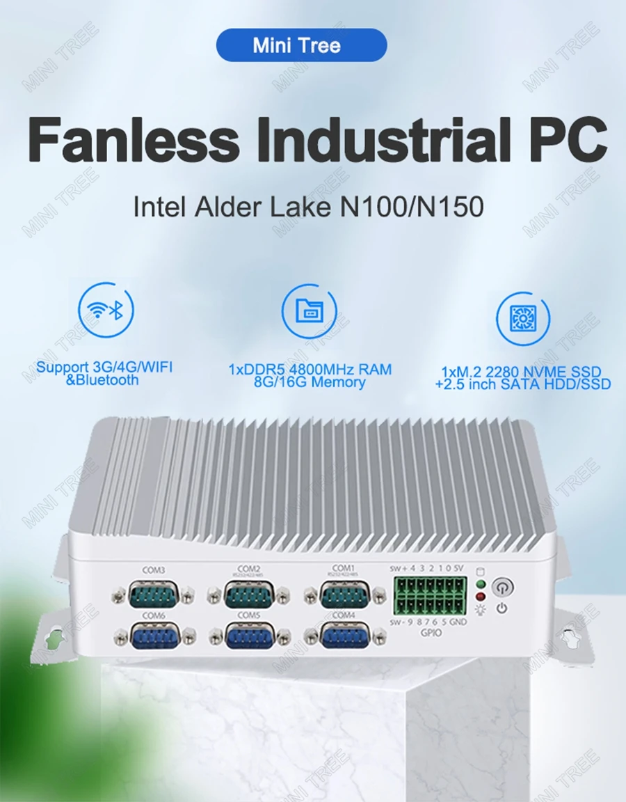 Intel N100 Industrial Mini PC Quad Cores 6xRS232/ RS485 COM For IoT/PLC/POS Automation Embedded GPIO Mini Computer 4G Wall-Mount