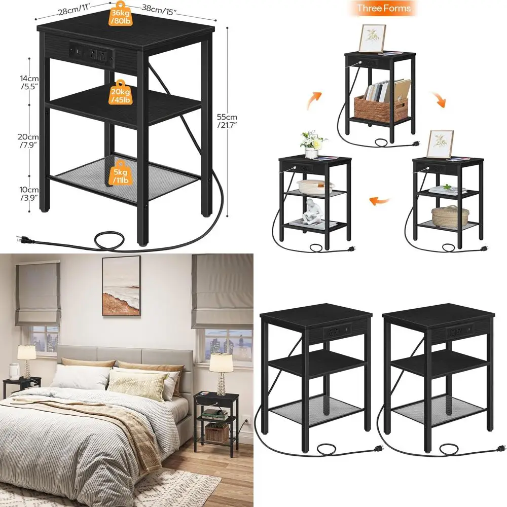 

Set of 2 Compact Charging Side Tables with USB Port, 3-Tier Nightstands for Small Spaces, Ideal for Living Room or Bedroom, Blac