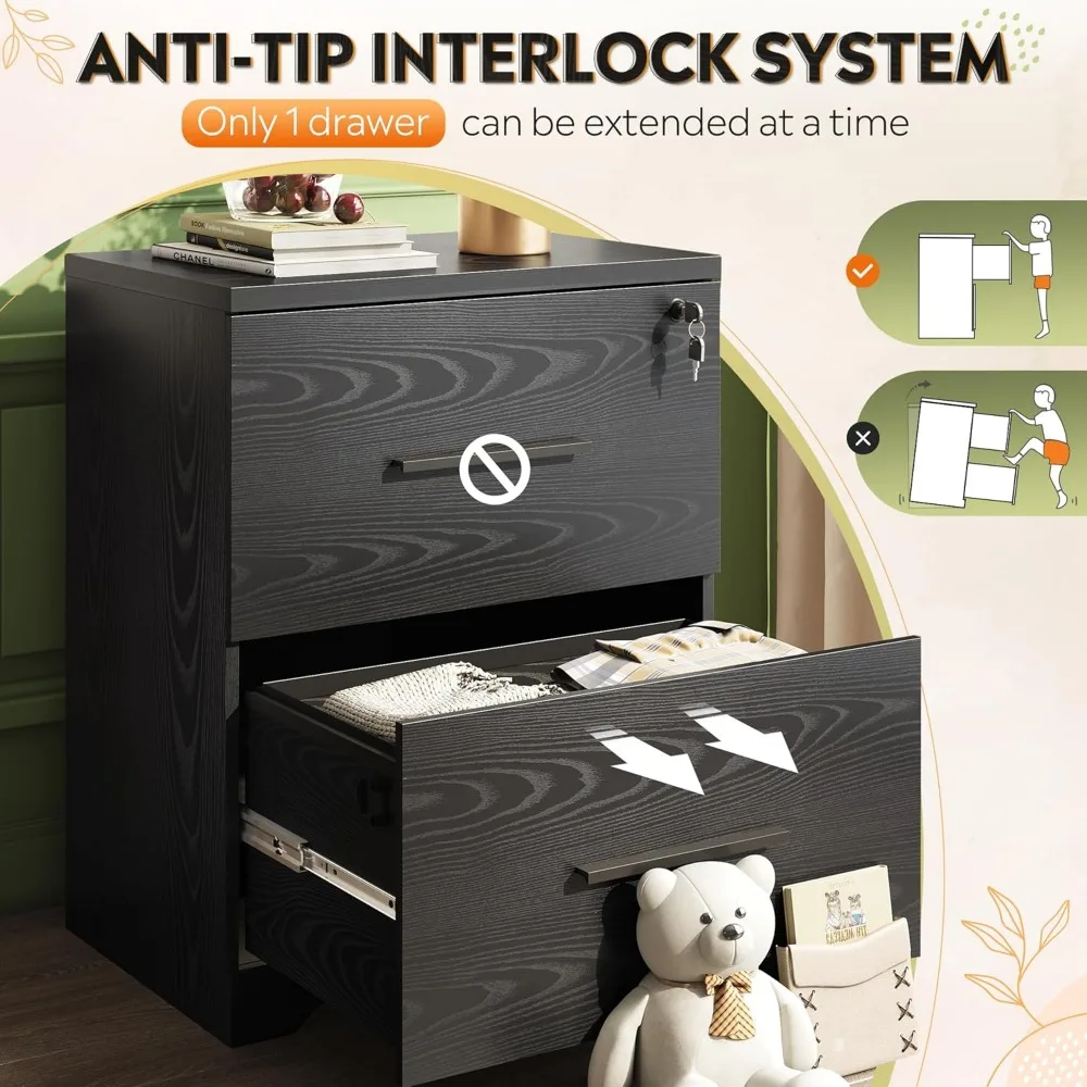 사무실 및 가정용 서랍형 잠금식 목재 측면 파일 캐비닛 2개, 검정색, 안전한 보관 솔루션