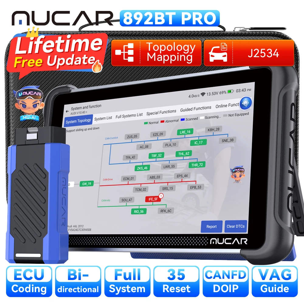 MUCAR 892BT PRO OBD2 Scanner J2534 CANFD DOIP Protocol Topology Mapping Car Diagnostic Tools 35 Reset Lifetime Free Update