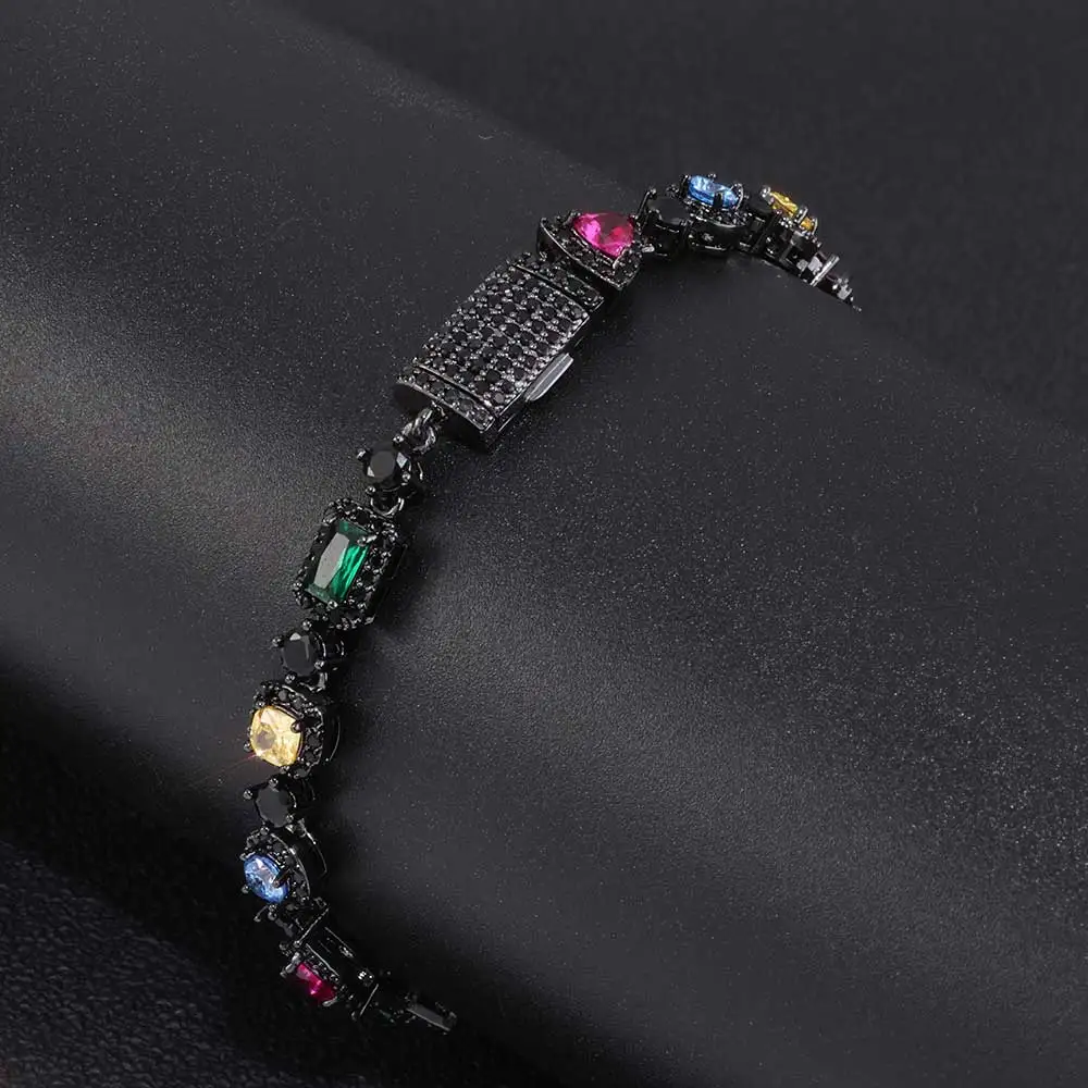 Black Color Cubic Zirconia Bracelet Star Triangle Rectangle colorful Gem Inlaid Iced Out Hip Hop Hand Chain Jewelry For Unisex