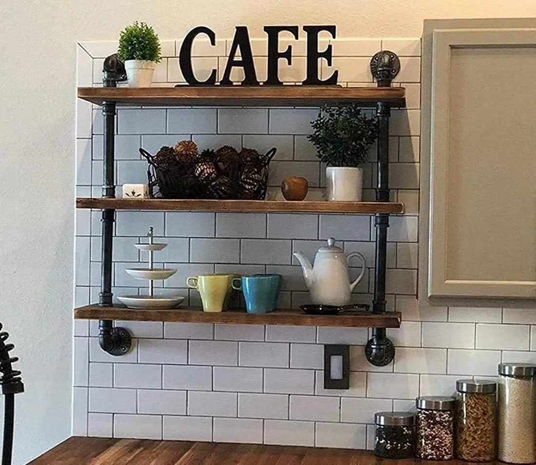 

Industrial Pipe Wall Shelves 3-Tier Rustic Wood Storage, 24"L, DIY Retro Shelf for Living Room, Bedroom, Kitchen