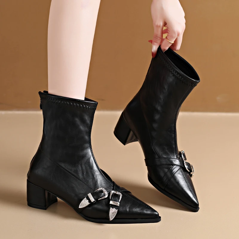 

Autumn Winter Pointed Belt Buckle Thick Heel Short Boots for Women High Heels Back Zipper Soft Leather Slimming Short Boots