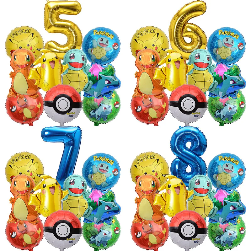 Juego de globos de Pokémon de pie, globos de Pokémon de Pikachu, globos dorados con números 1-9 para decoración de fiesta de cumpleaños de 1 a 9 años, 10 Uds.