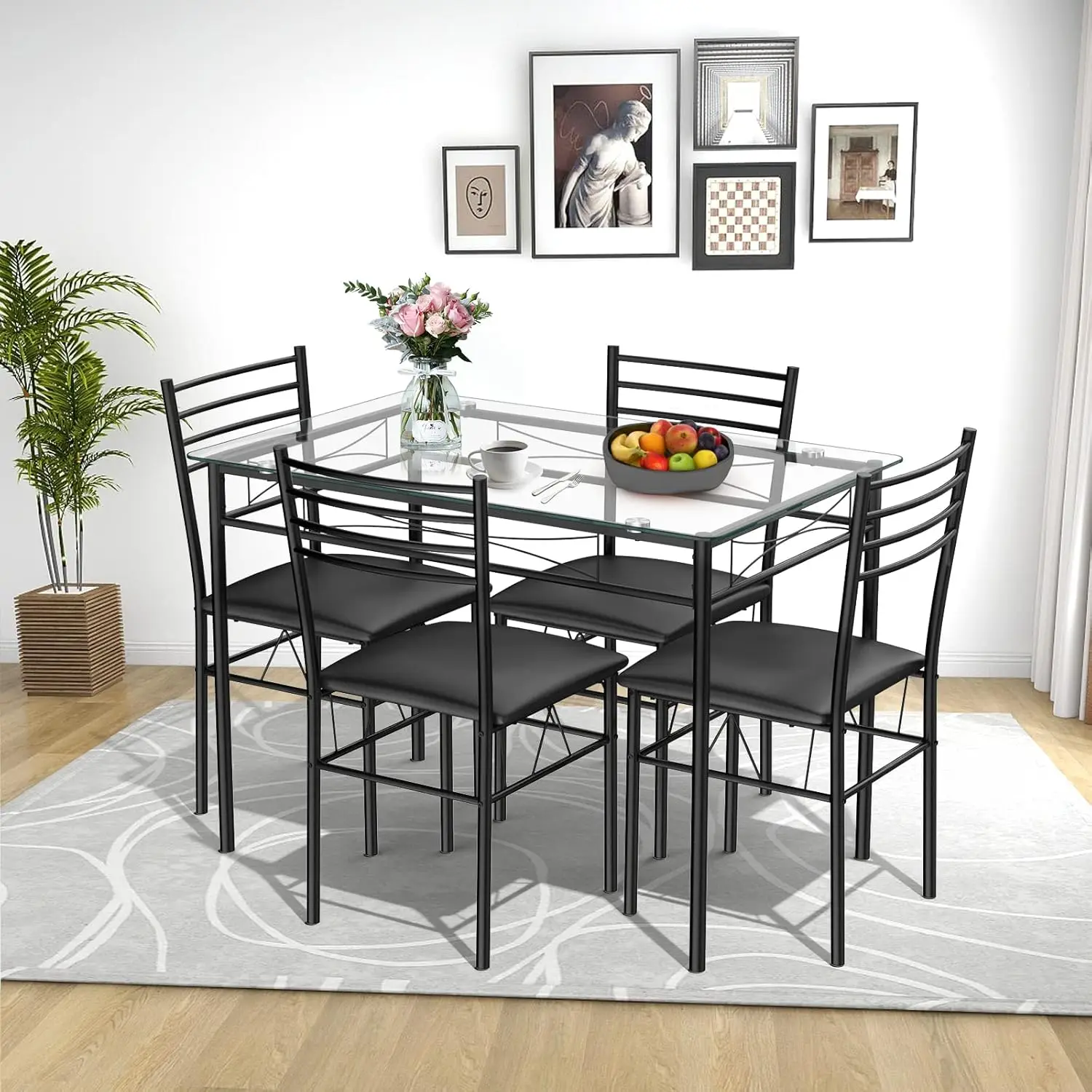 Black Tempered Glass and Metal Dining Set for Kitchen, Easy to Use