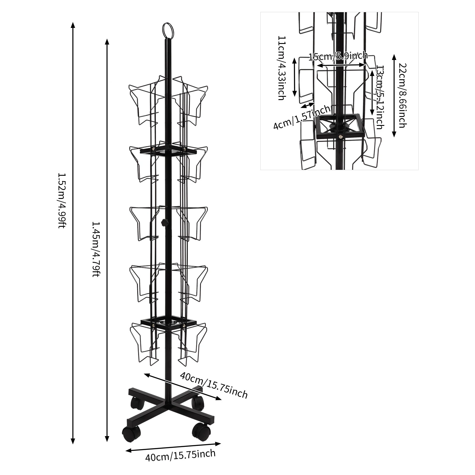 ที่วางการ์ดอวยพรแบบหมุนได้ 5 ชั้น ทำจากเหล็กแผ่นรีดเย็นสีดำ ขนาด 1.52 เมตร พร้อมที่วางแสดงสินค้าแบบเคลื่อนที่ 20 ช่อง พร้อมล้อล็อค