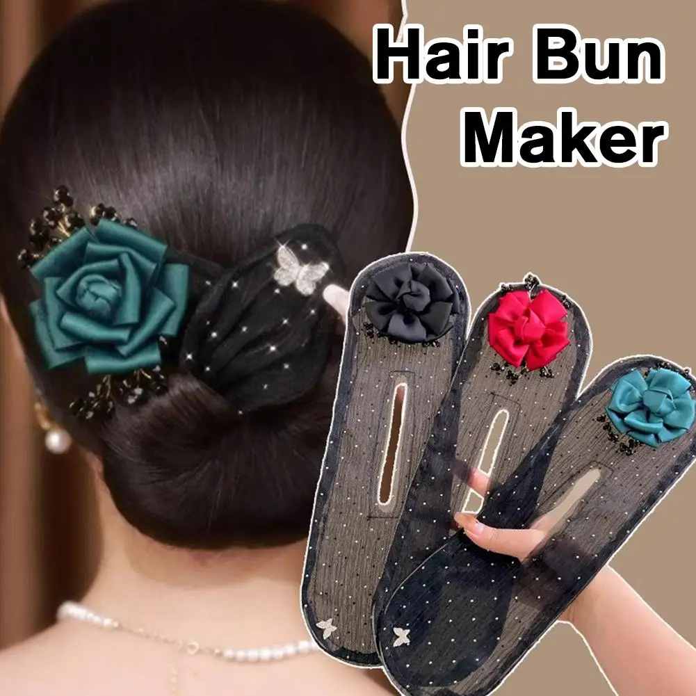 Hair Bun Maker Hair Curling Artifact Women's Net Yarn Flowers Bun Hair Curler Bow Hair Lazy Accessories Hairpin Headband Ro J8z8