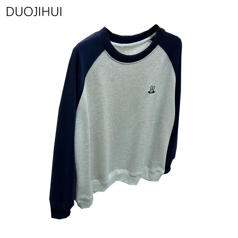 DUOJIHUI New Sweet Embroidery Chic O-neck Women Hoodies Spring Classic Contrast Color Fashion Simple Casual Loose Female Hoodies