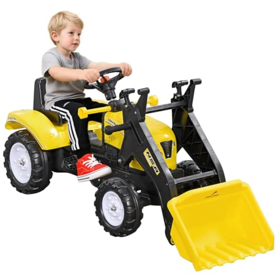 manual pedal ride-on excavator with front loader digger for outdoor play, ABS plastic, yellow, durable and safe design