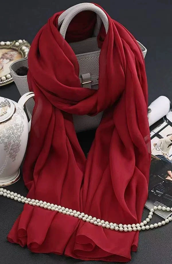 2026 Women Red 100% Silk Scarf Vintage Long Shawl Wrap Wine Red Solid Scarves Plain Silk Beach Cover Up Scarf for Wedding