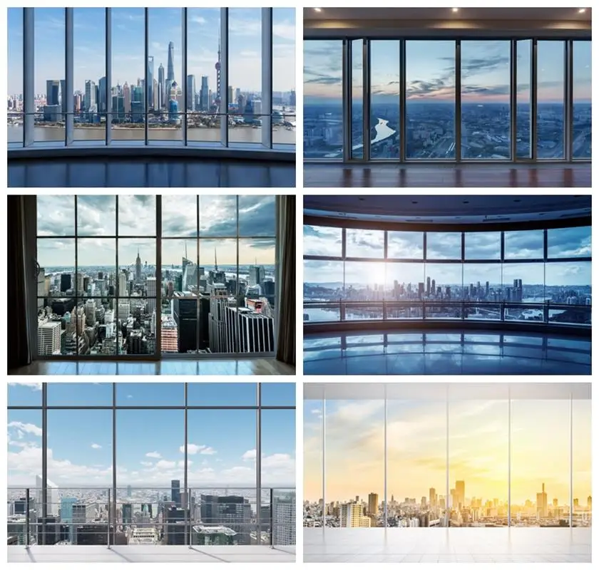 Laeacco Luxury Office Backdrop French Window City Aerial Skyscraper Glass City Landscape Adult Portrait Photography Background