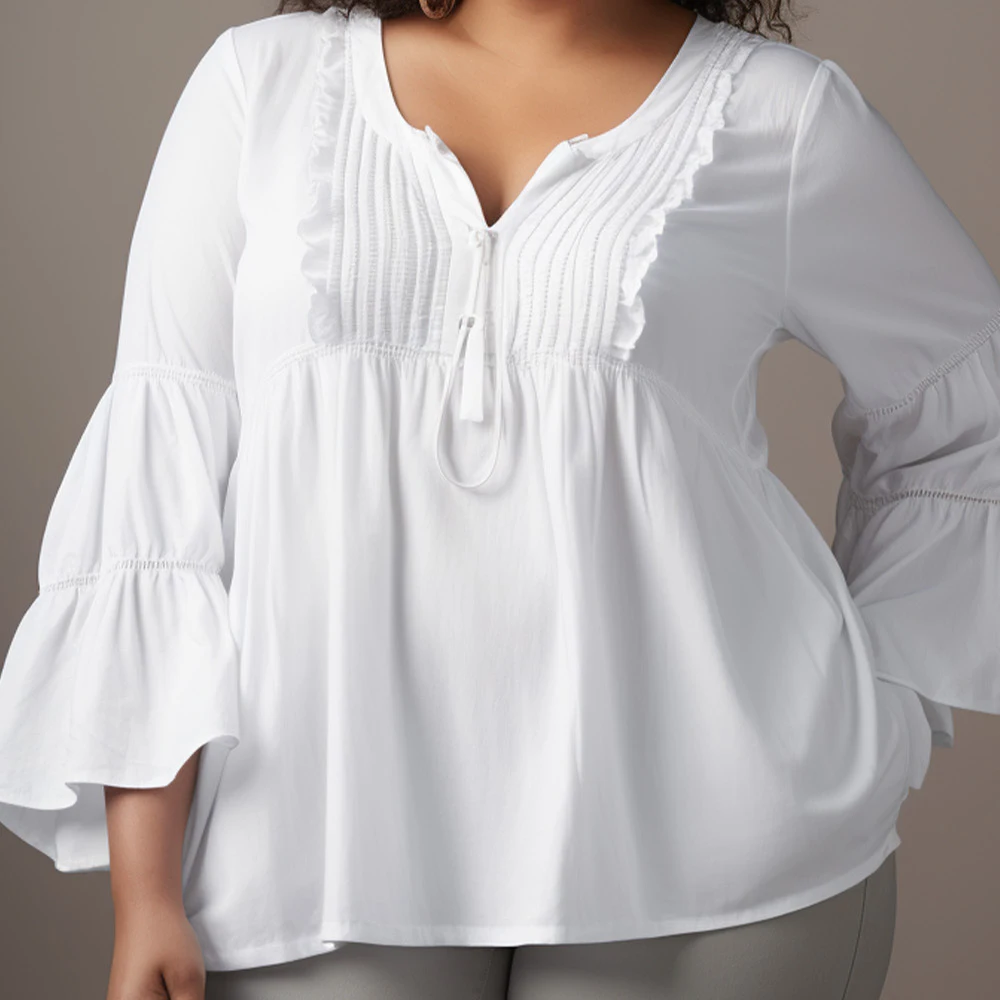 Plus Size Daily Casual White Solid Cotton Pleated Split Neck Flare Sleeve Babydoll Blouse White Basic Tops