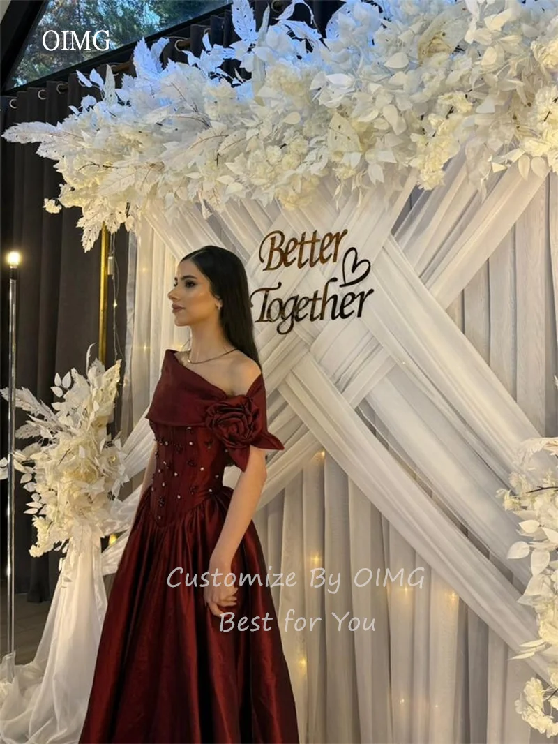 OIMG Burgundy 3D Flower Off The Shoulder A Line Prom Gowns Beaded Party Gown Floor Length Gala-ready Evening Dress Customized