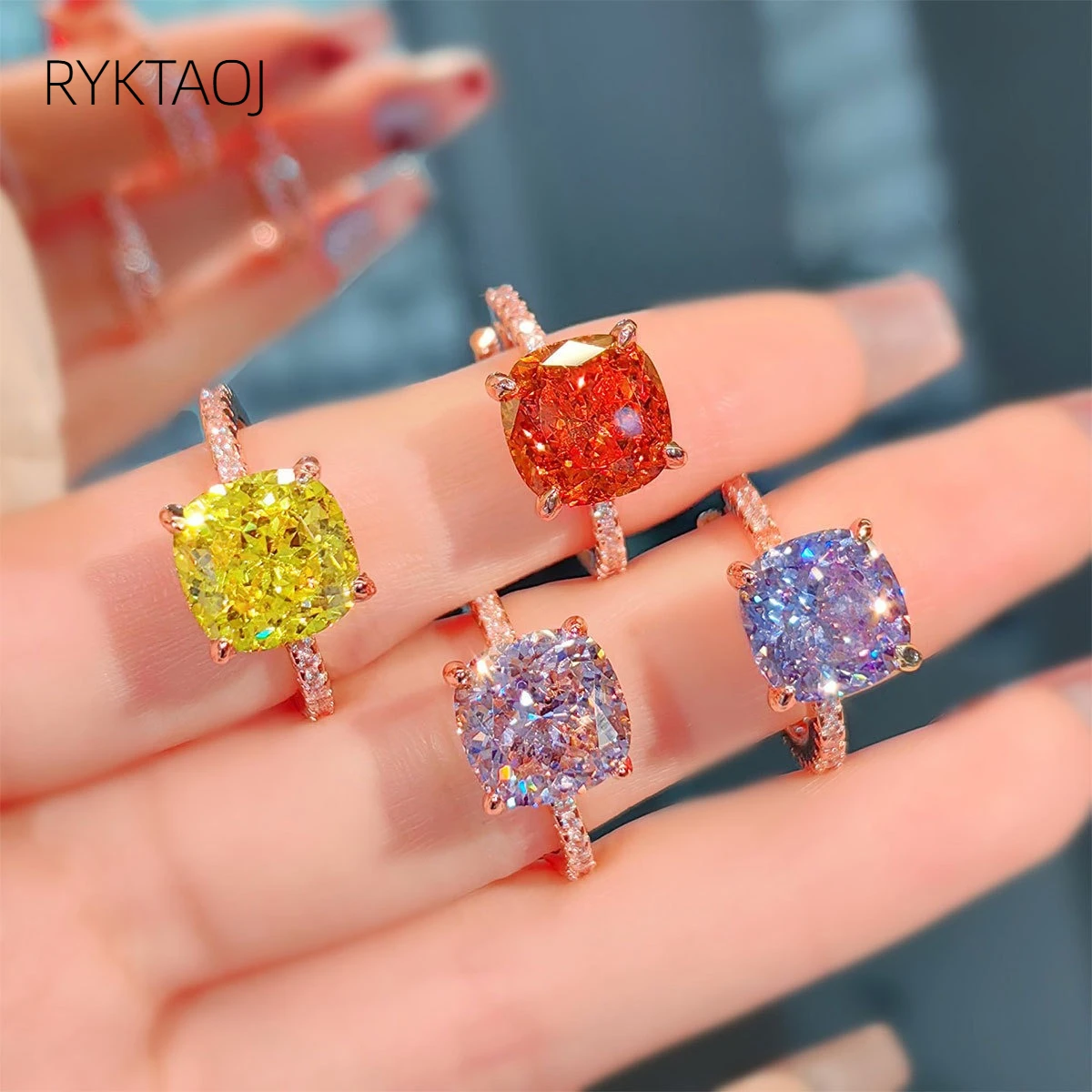 925 Sterling Silver Women Ring Cushion Cut Colorful Cubic Zirconia Rings Luxury Wedding Fine Jewelry Birthday Gift for Ladies