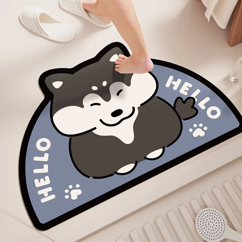 VIKAMA Hello Cute Corgi Semicircle Bath Mat Non Slip Washable Absorbent Floor Rug Lovely Cartoon Dog Bathroom Bedroom Decor Mat