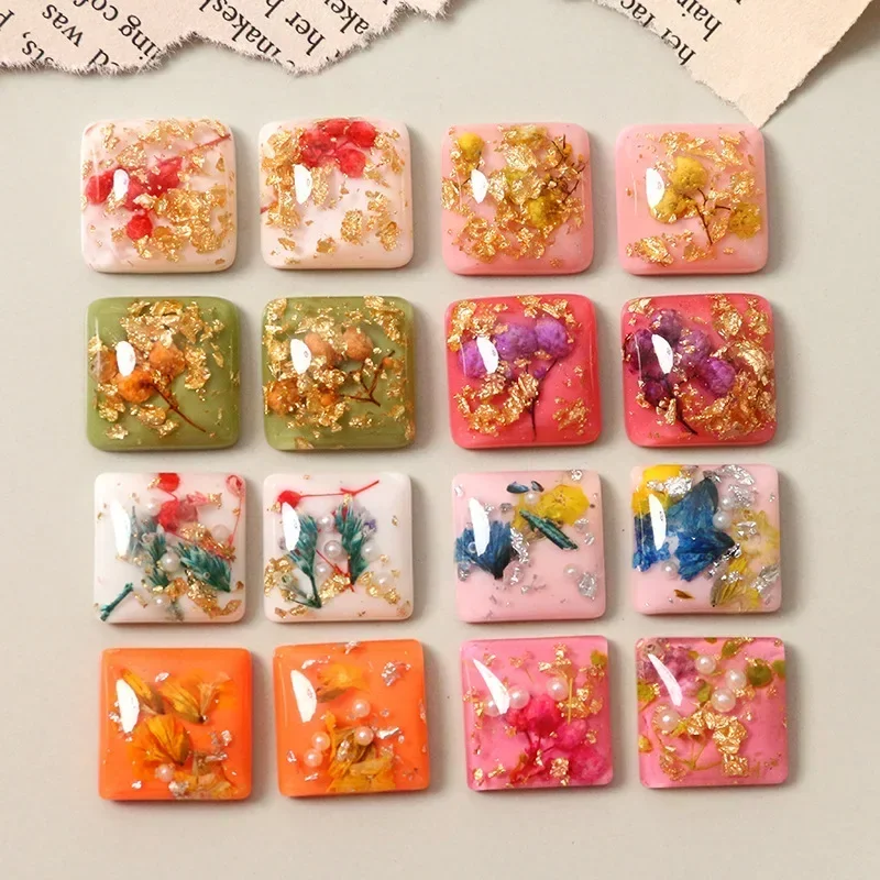 5pcs Japanese style gold leaf pearl dried flower square resin cabochon DIY earrings hairpin materials exquisite ear base charms