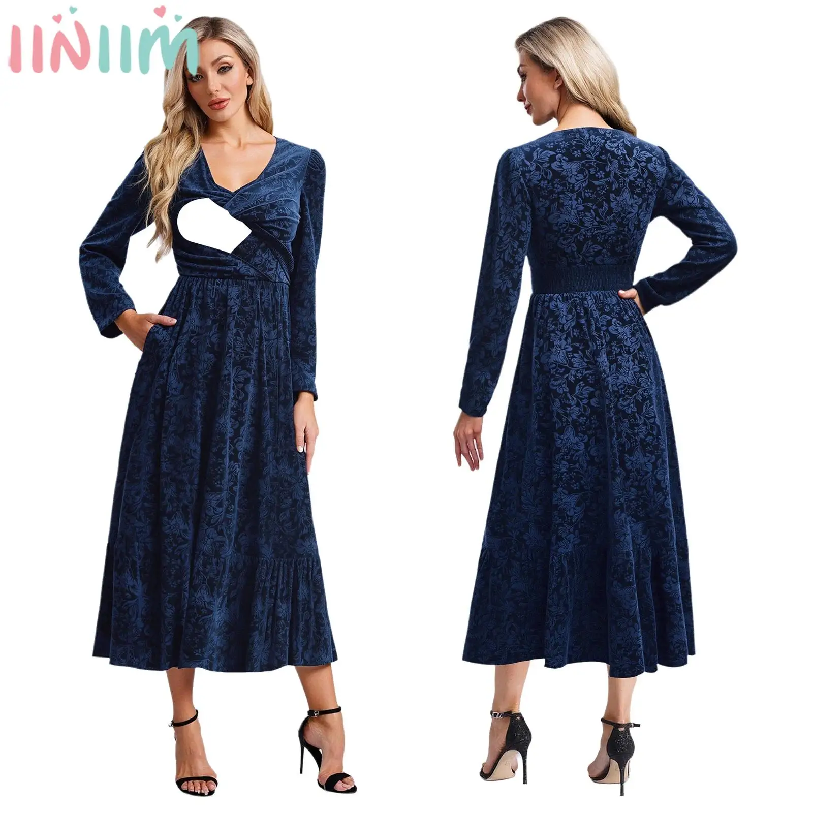 

Женское платье для кормления грудью с длинными рукавами и v-образным вырезом на эластичной талии с цветочным принтом, бархатные платья макси, платье для свадьбы, дня рождения