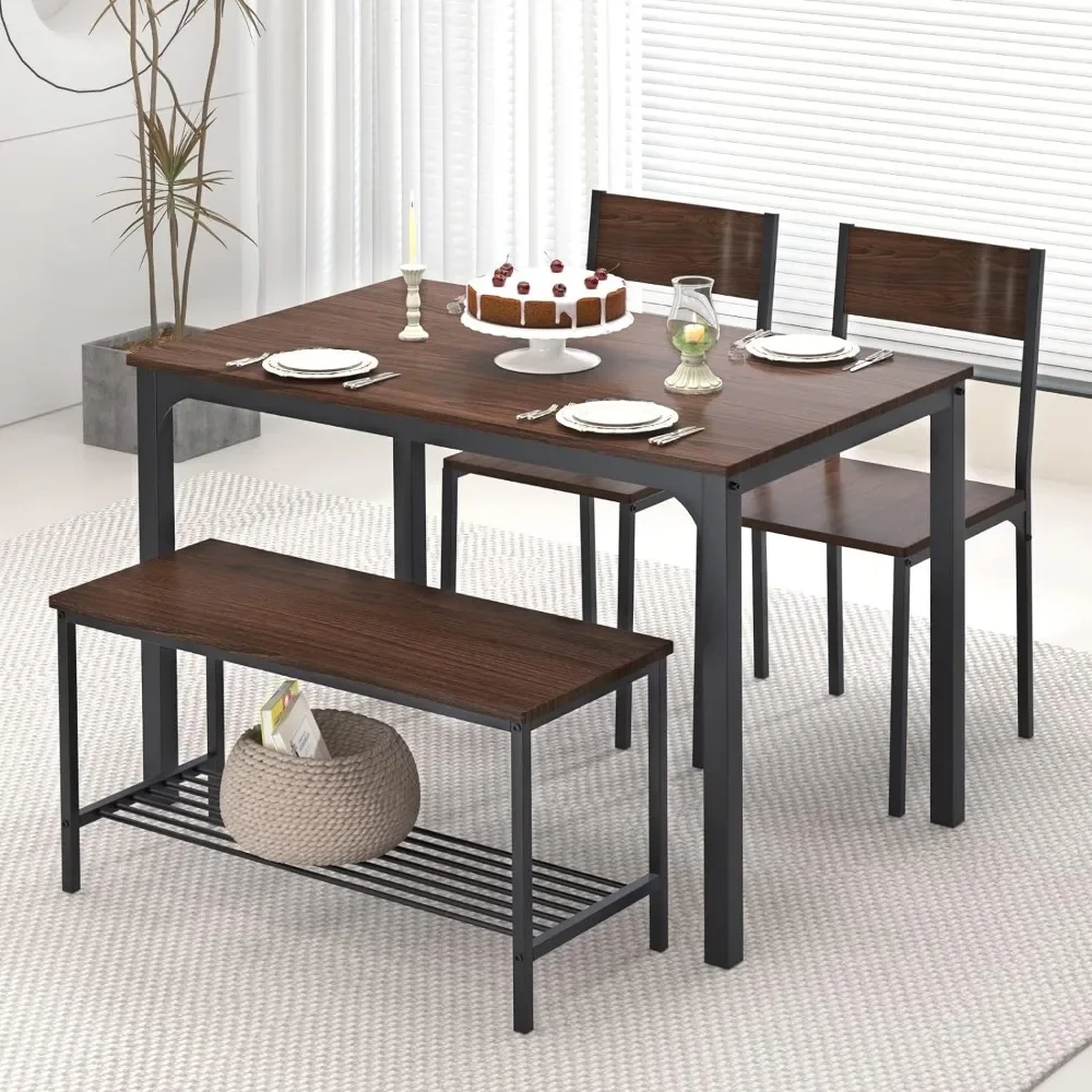 Kitchen Table 4-Piece  and 2 Chairs for 4 with Bench, for Small Space, Living-Room, Restaurant, Dining Table Set