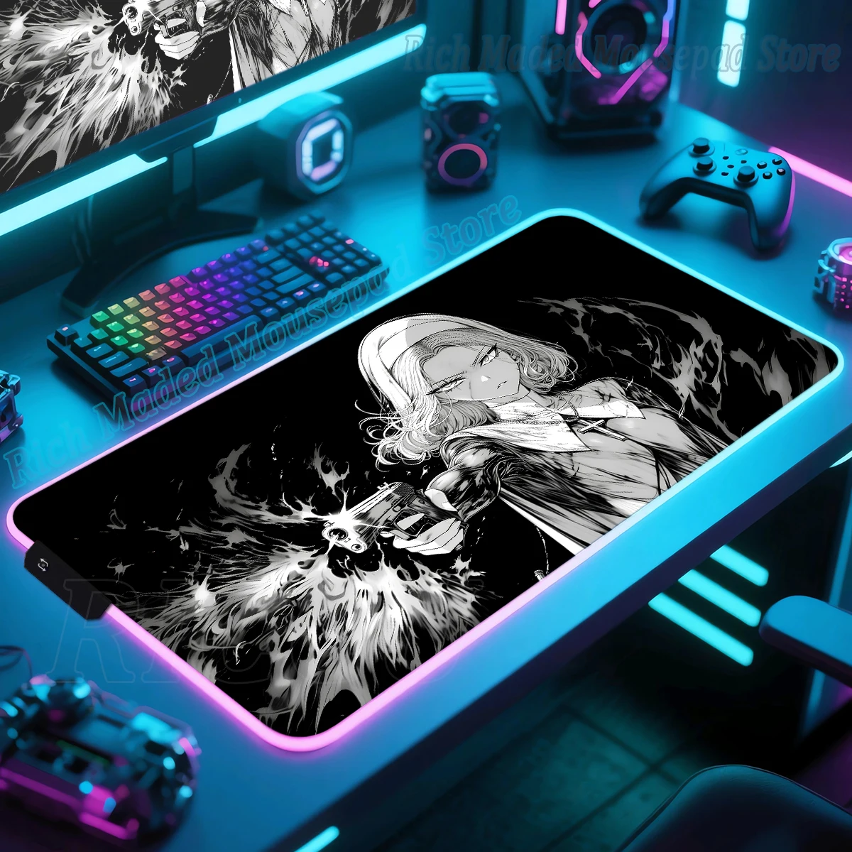

Secondary Yuan Kawaii Pad Черный Белый RGB XXL Резиновый игровой коврик для мыши со светодиодной подсветкой Gamer Большой настольный коврик для офиса ПК Коврик для клавиатуры