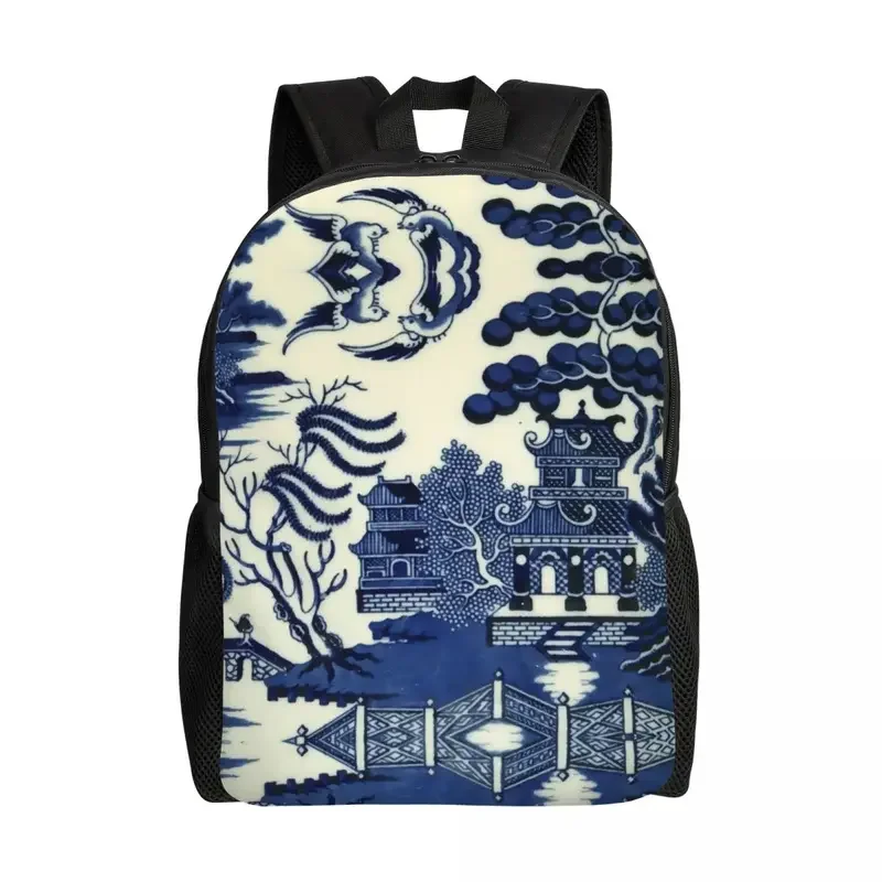 

Customized Antique Willow Ware Oriental Toile Backpacks Basic Bookbag for School College Blue Delft Chinoiserie Pagoda Bags