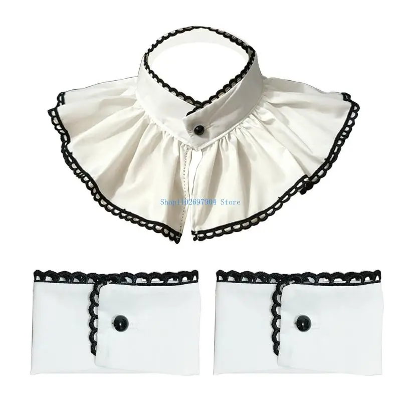 N7YF Elegant French Black Trim Pleated Detachable Collar Wrist Cuffs For Women