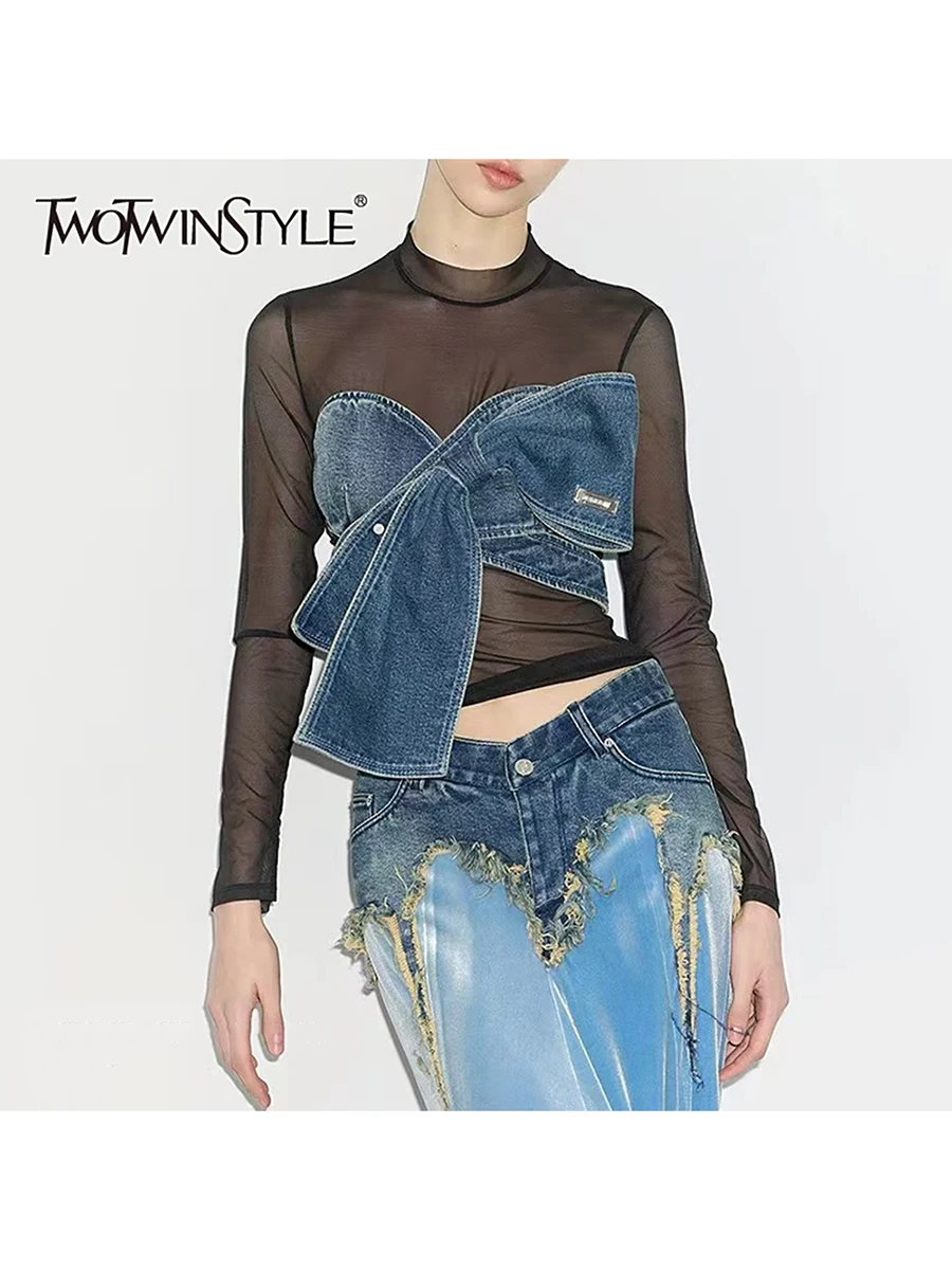 

Женская футболка TWOTWINSTYLE с прозрачными вставками и бантом, круглый вырез, длинный рукав, свободный крой, повседневная блузка в стиле колор-блок, модная женская одежда