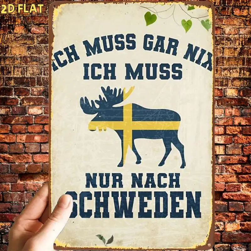 Fun Swedish moose logo decorative metal tin sign，Pre-drilled holes，Suitable for indoor use、Garden、Outdoor、Home