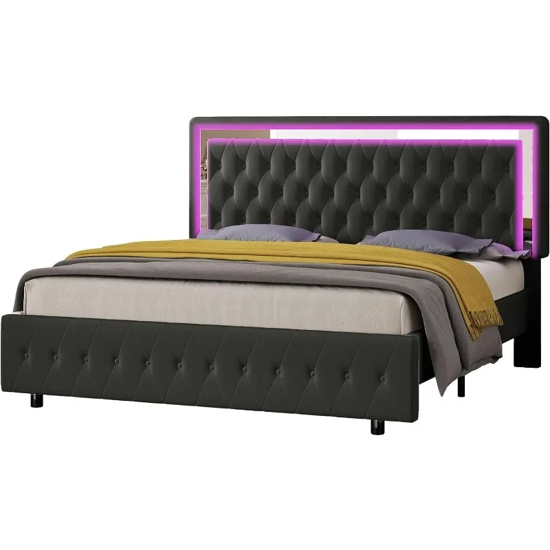 ZHENXIANG Queensize bedframe met LED-verlichting Hoofdeinde en voeteinde, fluweel gestoffeerd queensize platformbedframe zonder boxspring