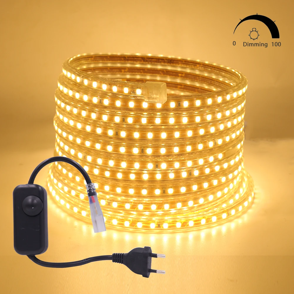220V Dimmable LED Strip Light 2835 120LEDs/M Red Blue Warm White Waterproof EU Power Plug High Bright Flexible Lamp Home Decor