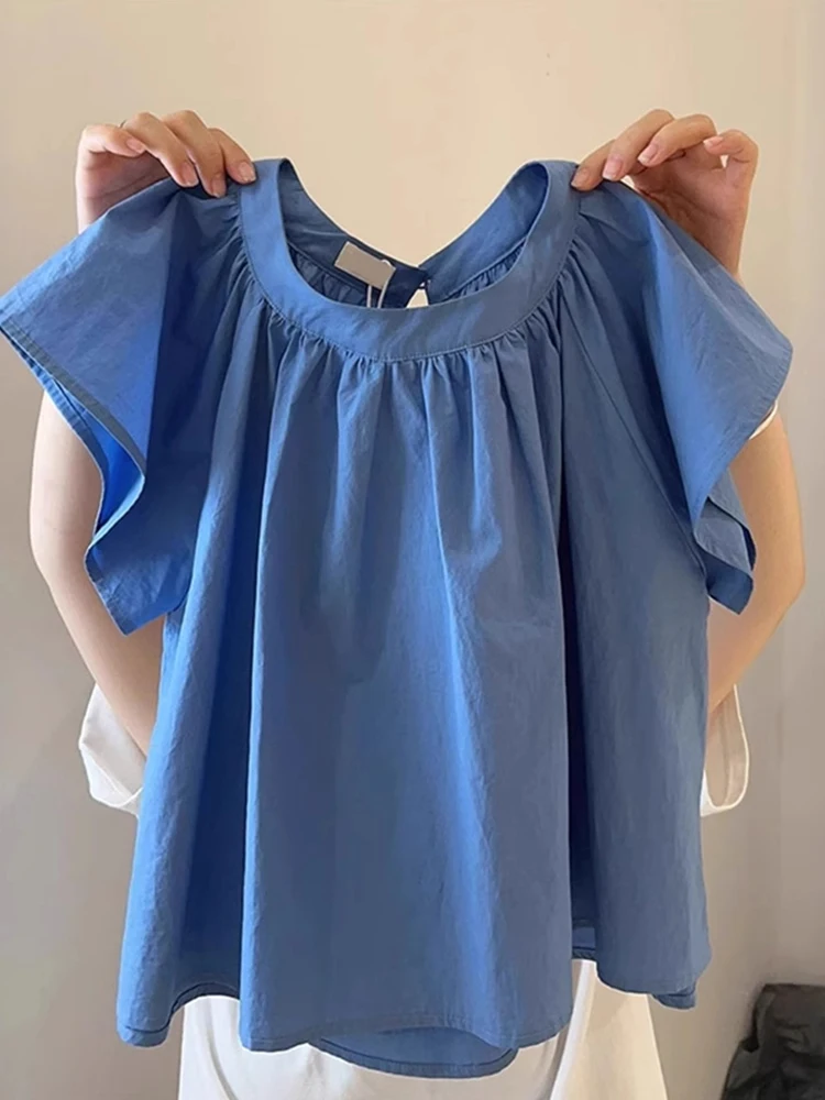 

Loose Korean Sle Blue round Ne ort Sve irt Women's Summer New Design Doll irt Anti-Aging Top Casual Faion