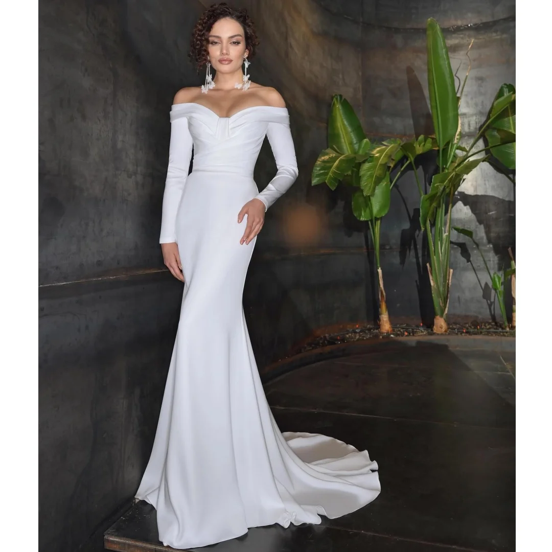 Weiße Meerjungfrau-Brautkleider mit langen Ärmeln, Vestido de Novia, schulterfrei, zweites Empfangskleid, Robe De Soirée, individuell gestaltet