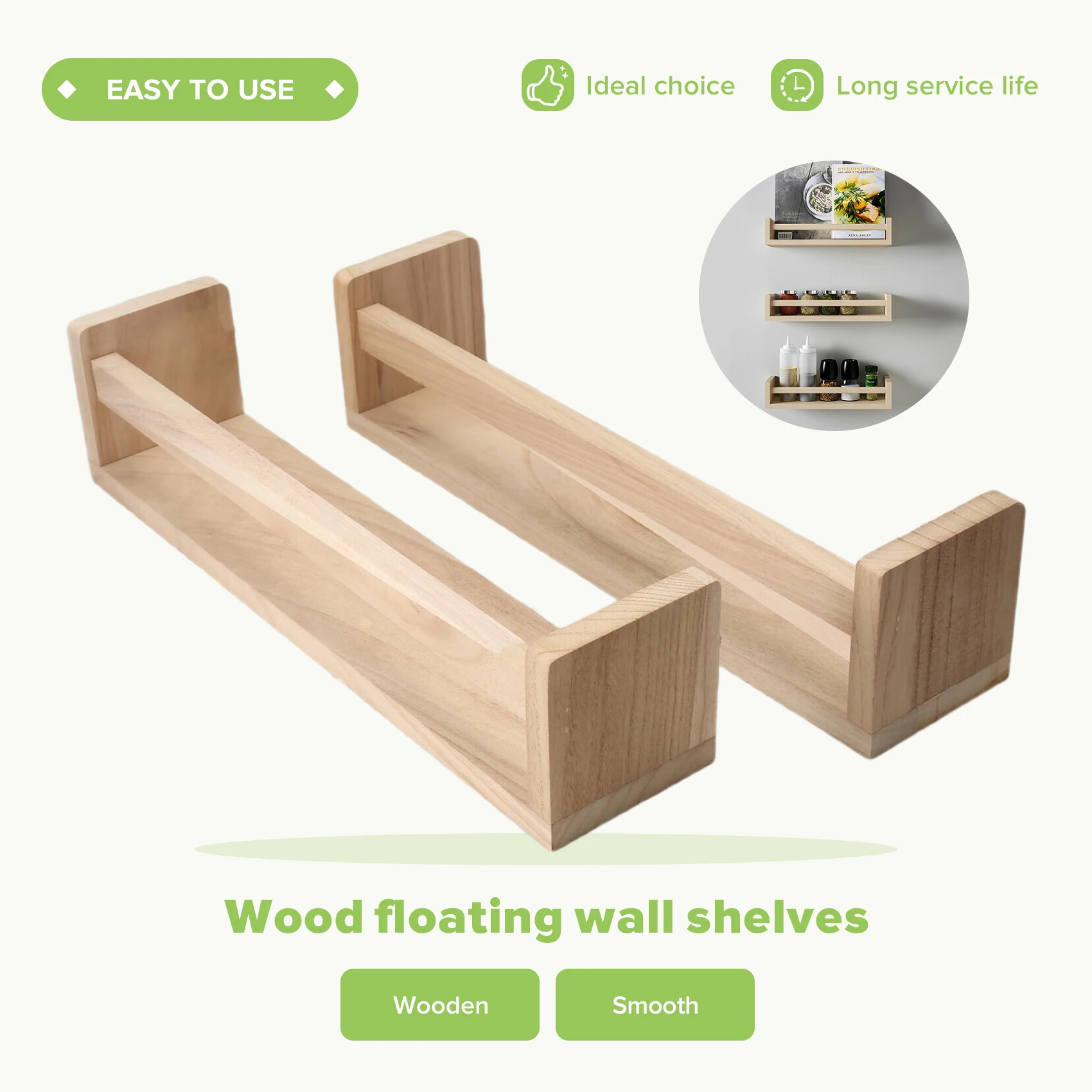 B84B 2Pcs Natural Wood Floating Wall Bookshelf for Kids, 42x9x10cm Nursery Shelves for Wall, Bathroom Decor Kitchen Spice Rack