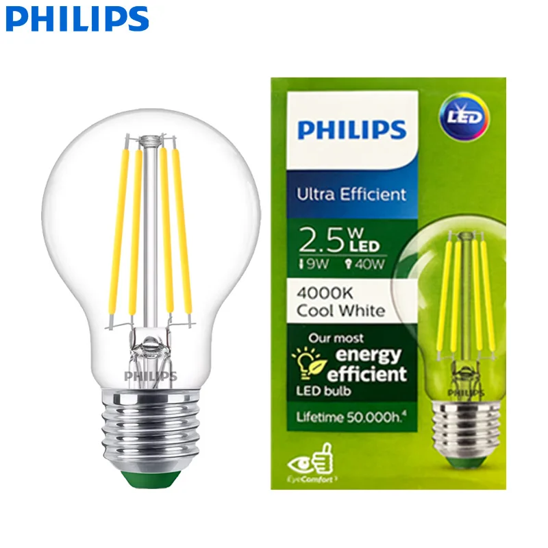PHILIPS Ultra Efficient LED Filament Bulb Clear A60 E27 4000K Edison Screw 2.5W Lamp Classic Glass LED White Color Energy Saving