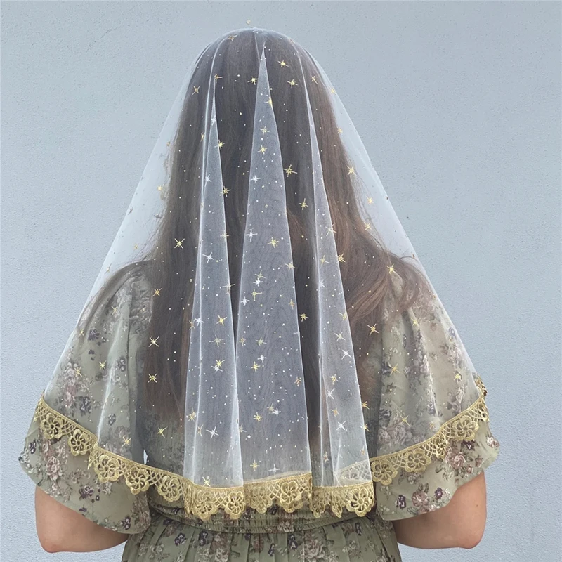 Starry Gold Cross Stars D Shape Mantilla Veils For Church Chapel Mass Women Summer White Tulle Head Covering Flowers Lace Edge