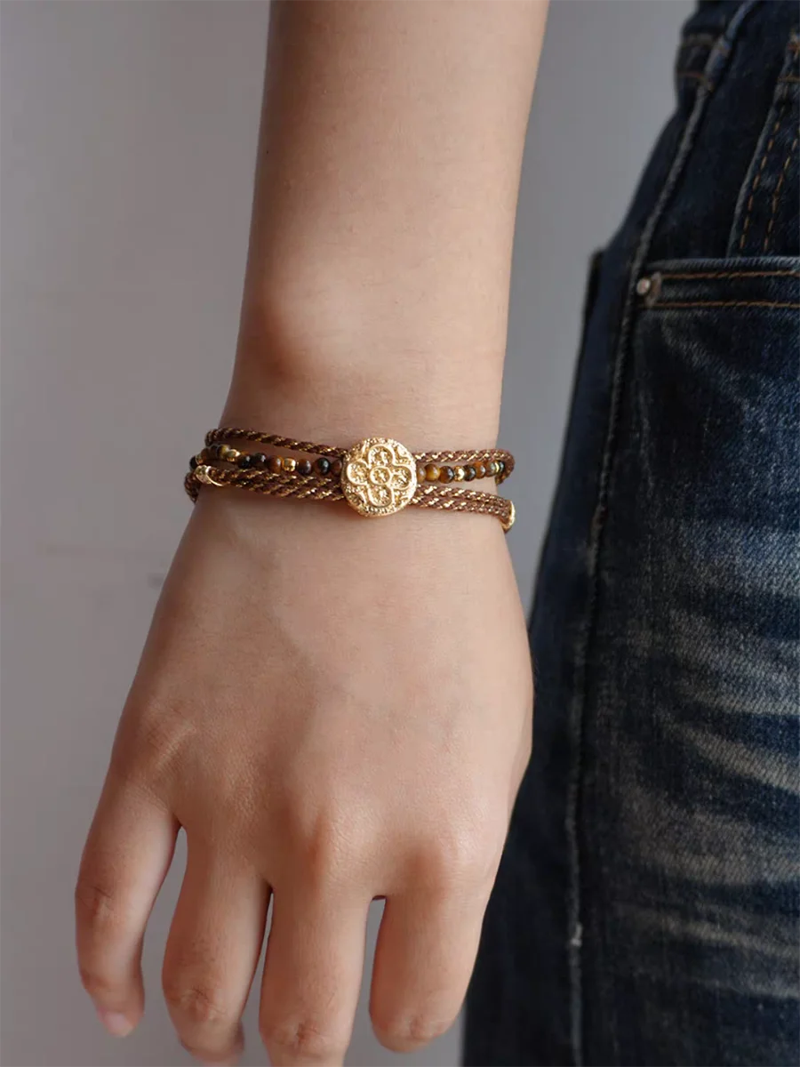 Double layered braided rope bracelet for women vintage tiger eye stone bracelets bohemia ethnic jewelry