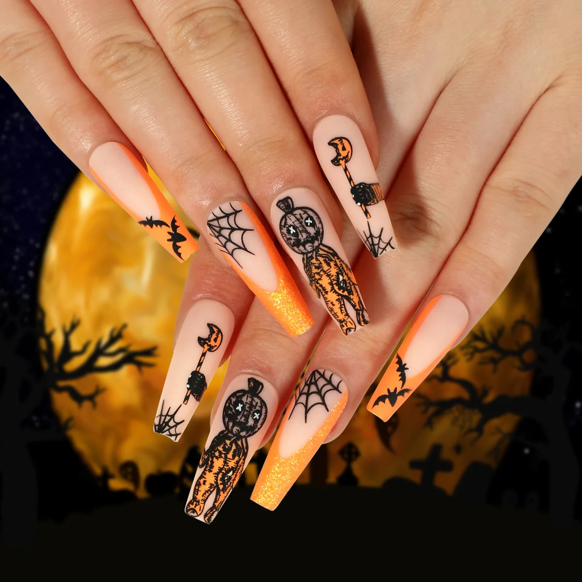 

24PCS Glitter French Tip Halloween Nails - Orange Pumpkin & Bat Design With Spider Web Long Square Shape