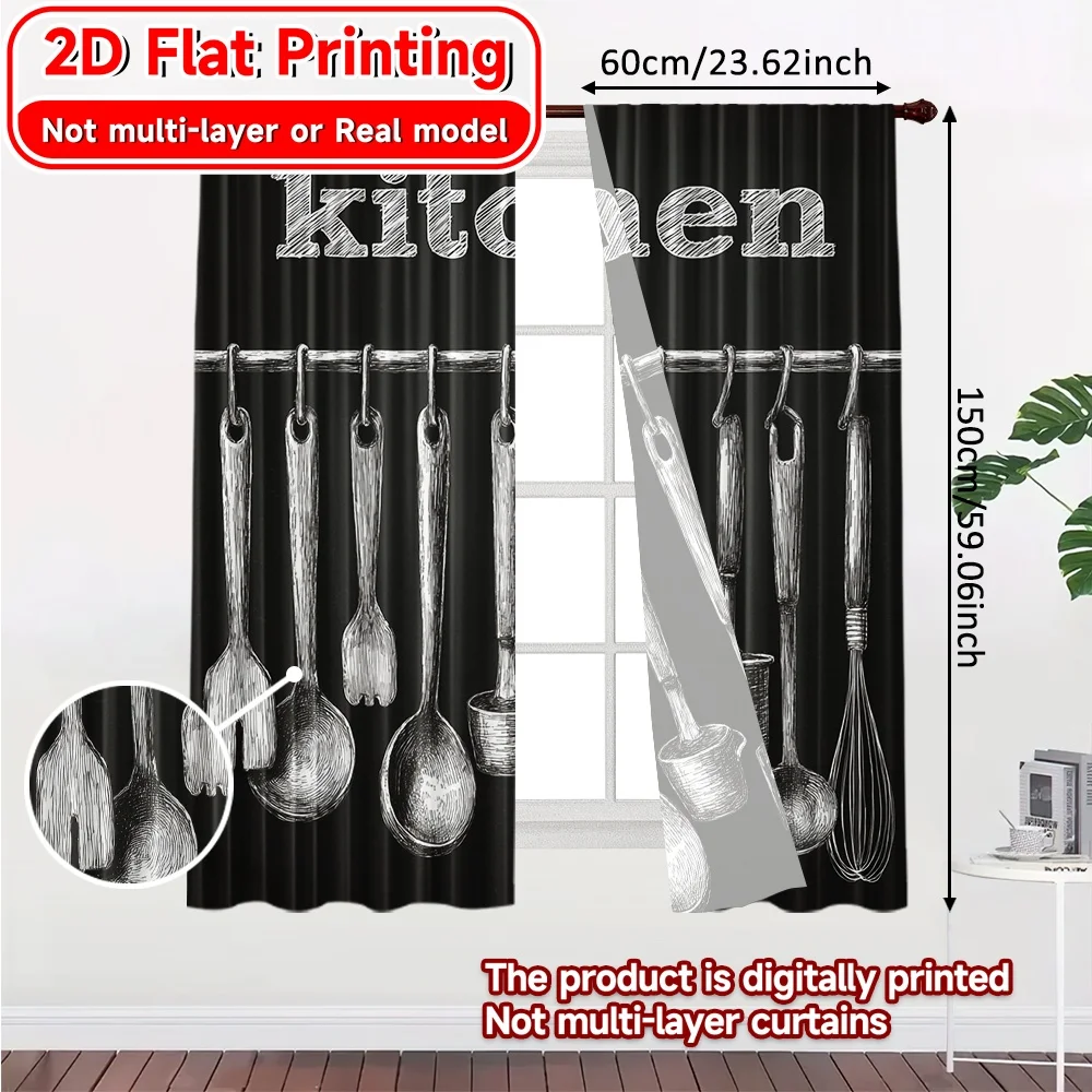2D FLAT PRINTING 2pcs Curtains (Without Rod) Kitchen Utensils on Rack Valentine is day Festival Fashion Curtains Durable