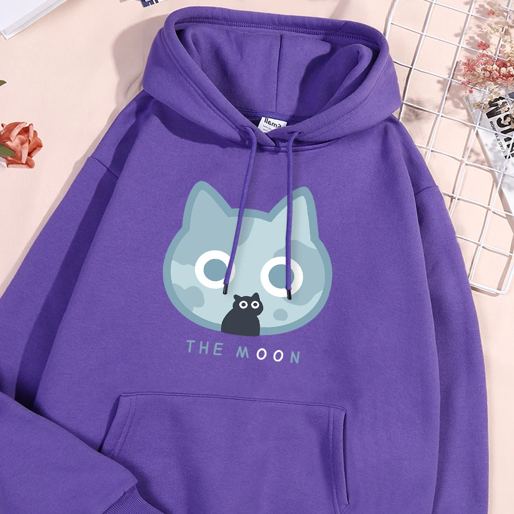 The Moon Blue Cat Fun Print Hoody Men Women Harajuku Style Hoodie Loose Warm Sweatshirt Fashion Fleece Pullover Clothing Couple