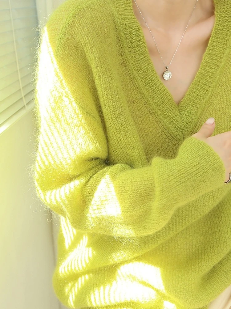 Sweater Rajut Kasual Wanita Model V-Ne Fluorescent untuk Musim Semi dan Gugur, Atasan Wol Santai