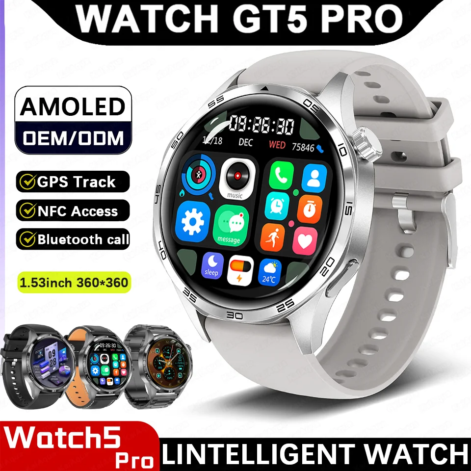 

Для HUAWEI GT5 Pro GPS NFC Смарт-часы Мужчины 360*360 AMOLED Экран Сердечный ритм Bluetooth Вызов IP67 Водонепроницаемые мужские умные часы 2025
