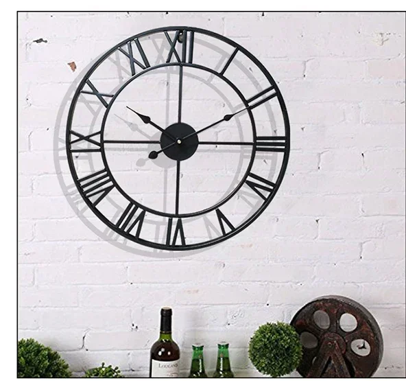 40CM Nordic Metal Roman Numeral Wall Clocks Retro Iron Round Face Black Gold Large Outdoor Garden Clock Home Decoration