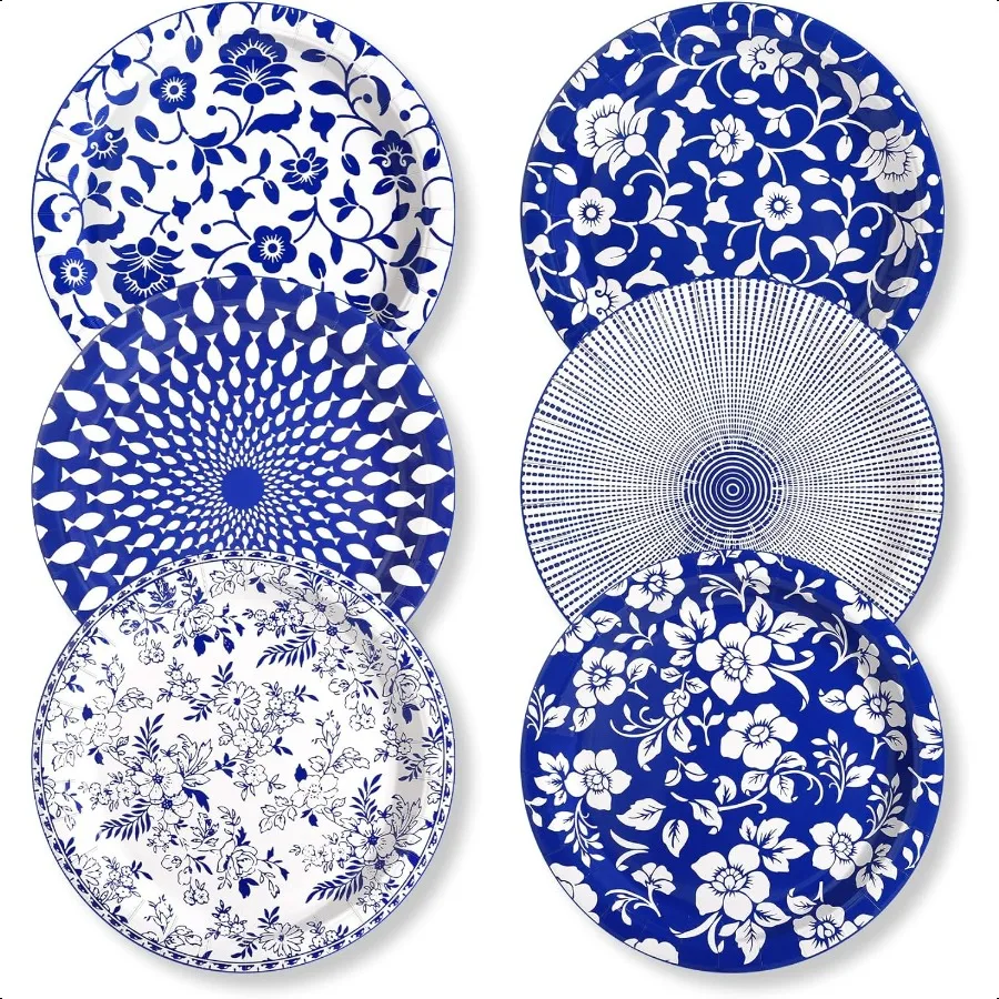 

90 Pcs Paper Plates 10 Inch Bulk Thick Heavy Duty Printed Blue and White Plate for Party Wedding Birthday Tea Picnic Barbecue