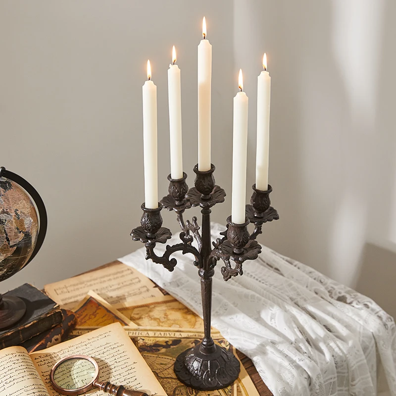 

Retro and old cast iron five-headed candlestick table ornament candlelight dinner romantic decorative lamps photography props